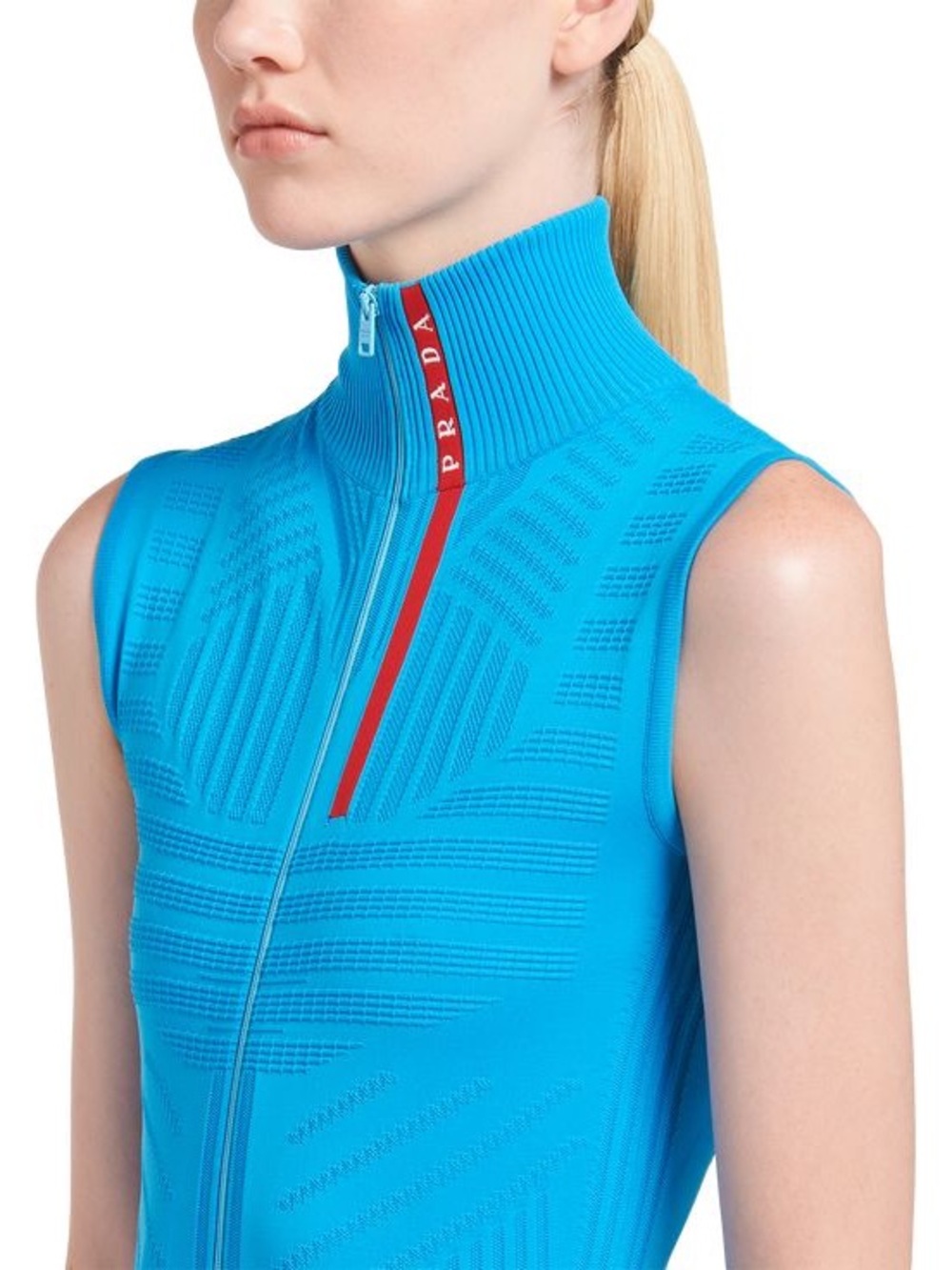 NWT Prada Bright Aqua Sleeveless Zip-Front Tank with Red Logo Trim